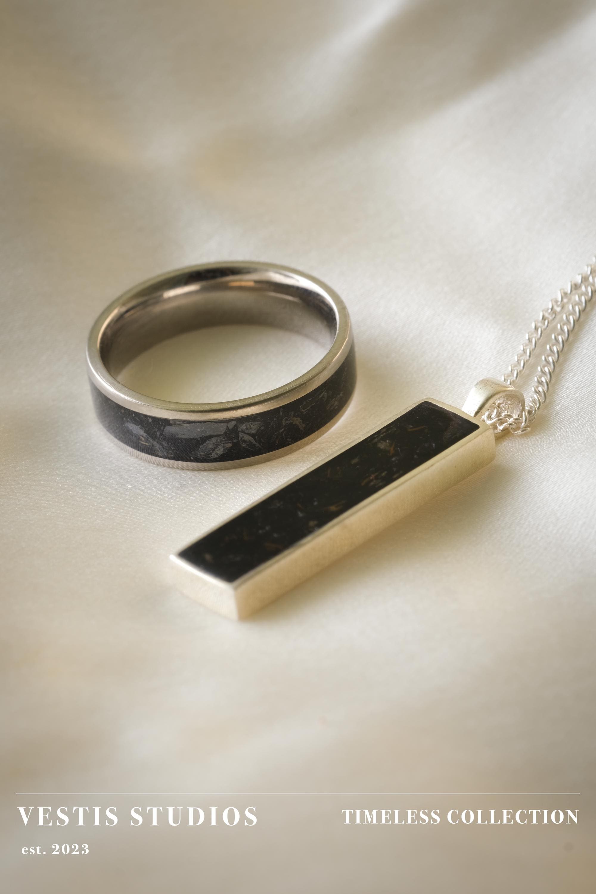 Diplodocus Fossil Jewellery Set – Titanium Ring & Silver Necklace Gift Bundle