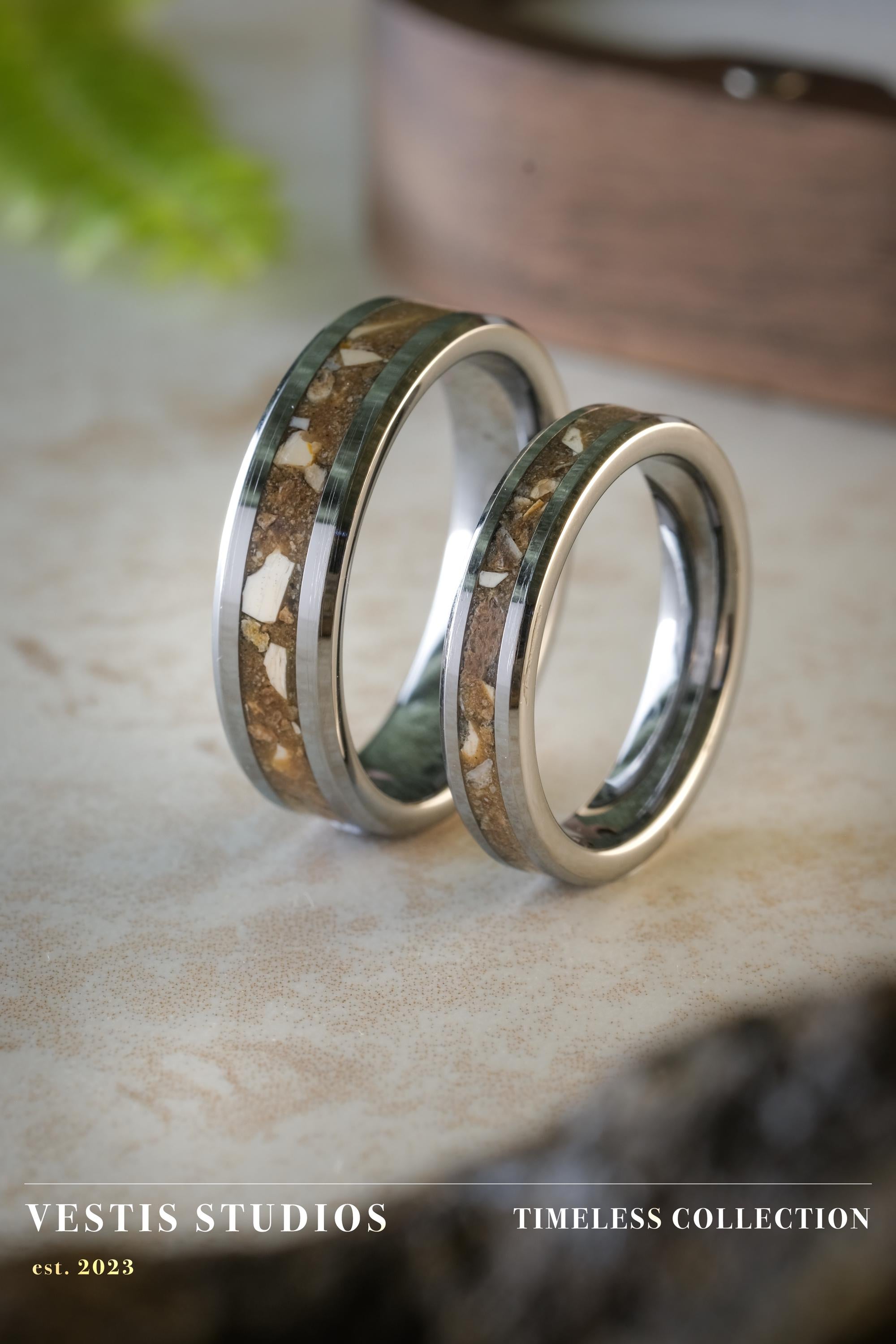 Spinosaurus & Mosasaur Fossil Wedding Ring Set – Tungsten