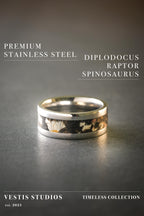 Spinosaurus, Raptor & Diplodocus Fossil Ring – Steel