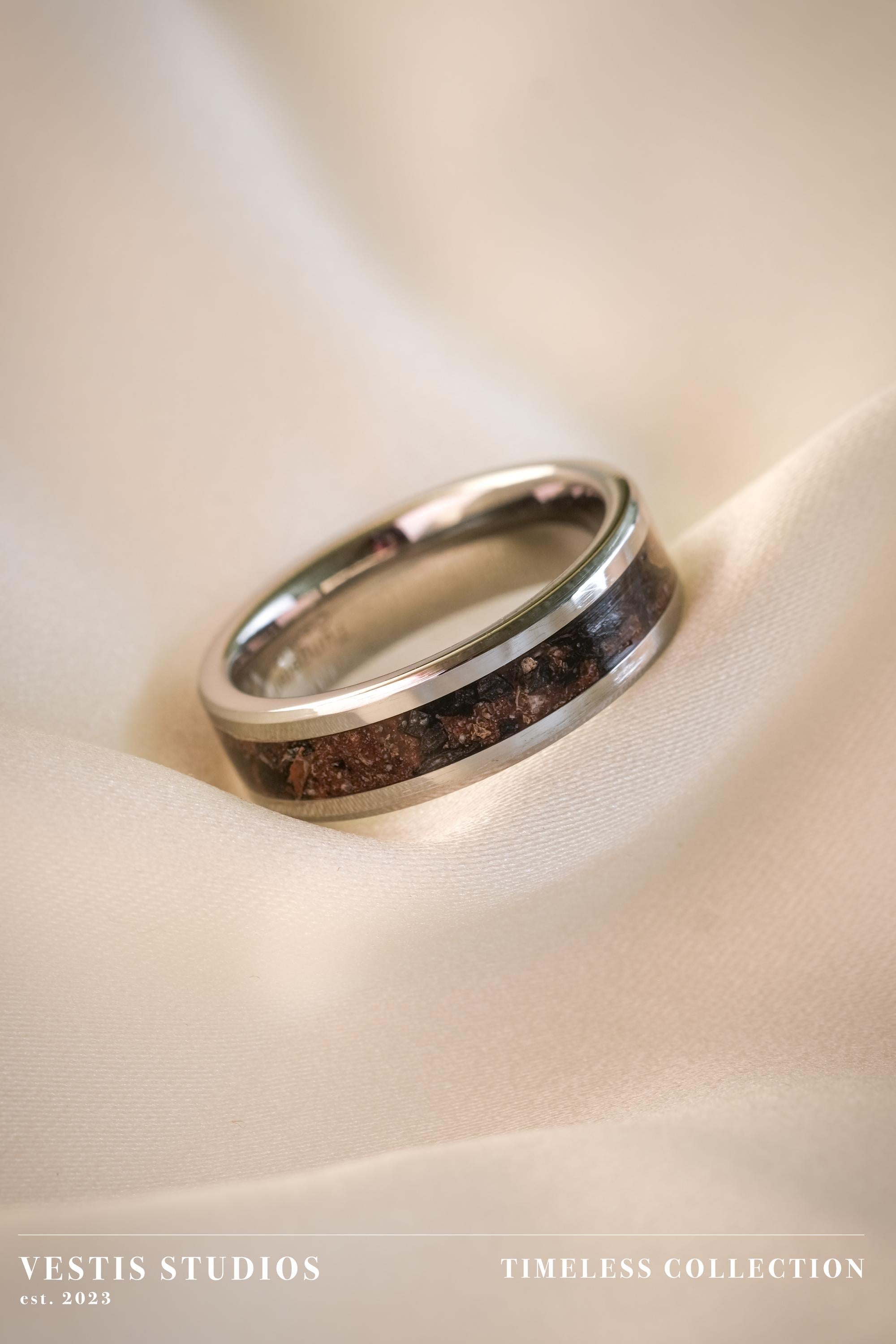 Diplodocus & Meteorite Fossil Ring – Tungsten Carbide