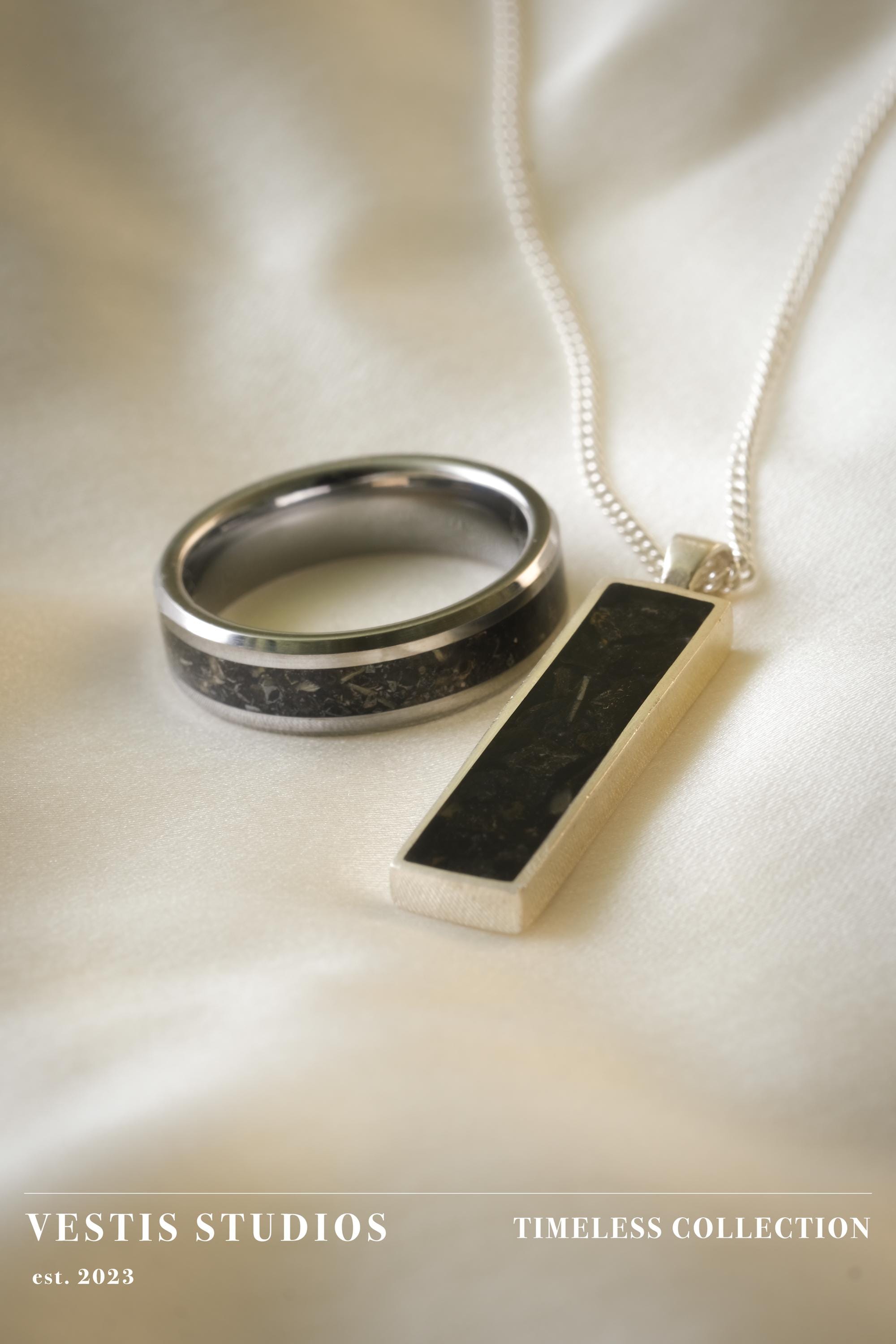 Megalodon Fossil Jewellery Set – Tungsten Ring & Silver Necklace Gift Bundle