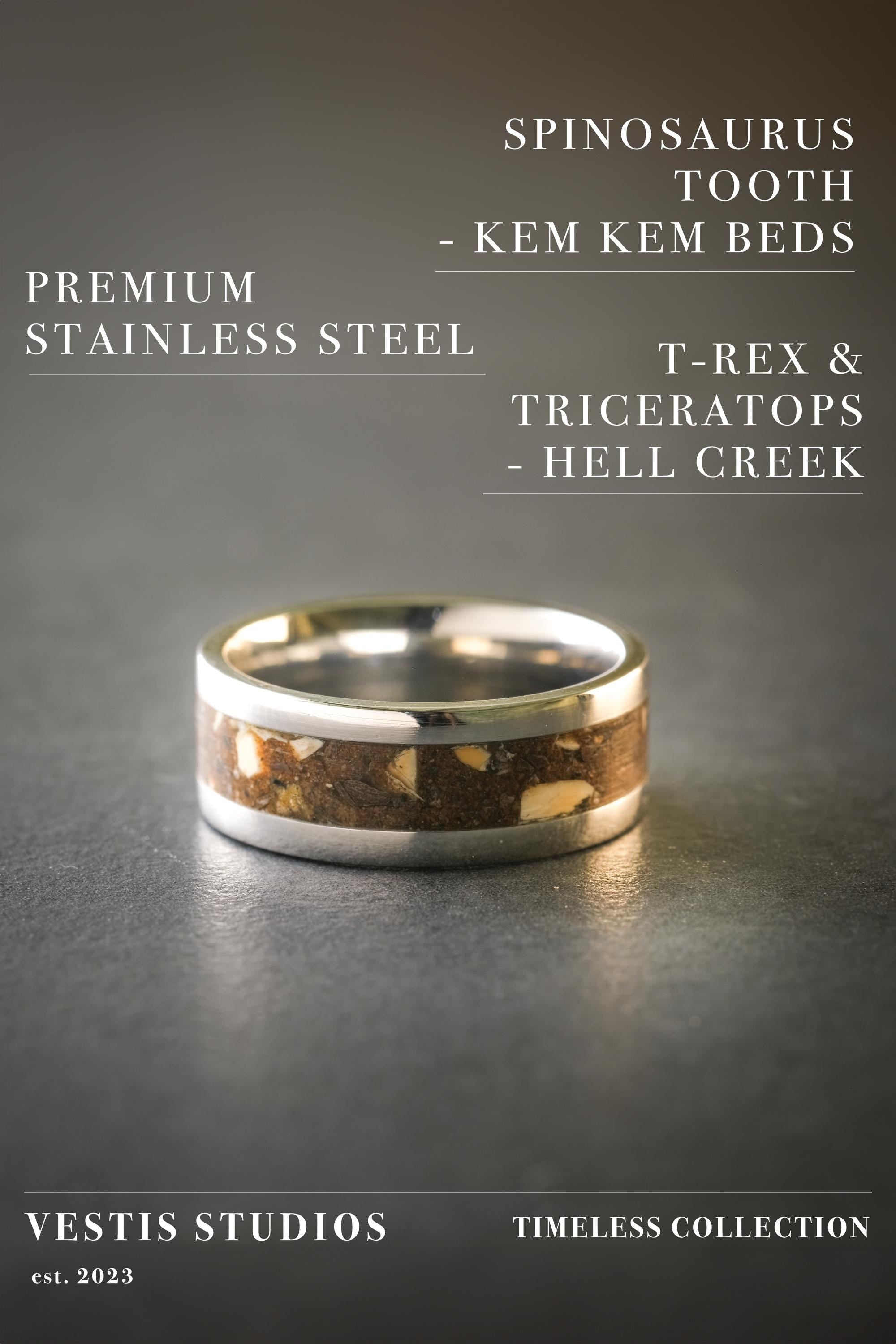 T. Rex, Triceratops & Spinosaurus Fossil Ring – Steel
