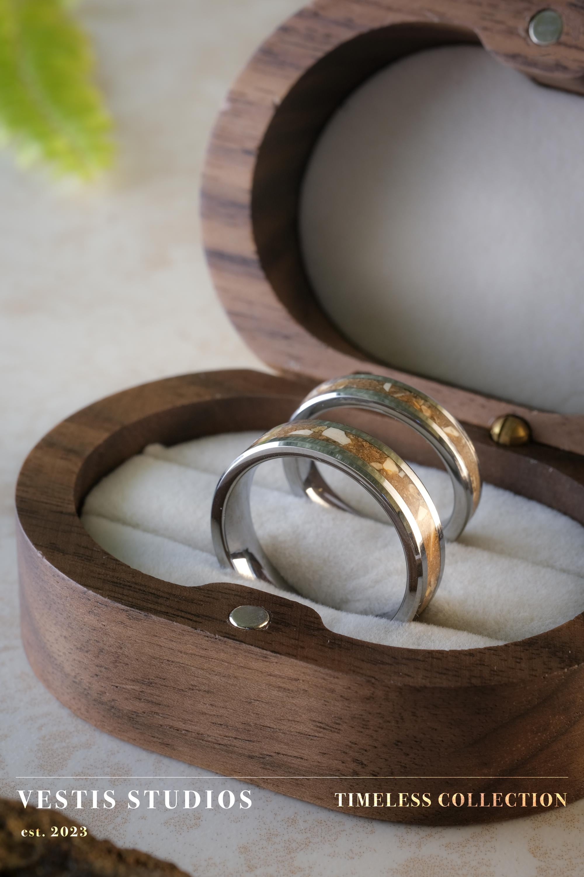 Spinosaurus & Mosasaur Fossil Wedding Ring Set – Tungsten