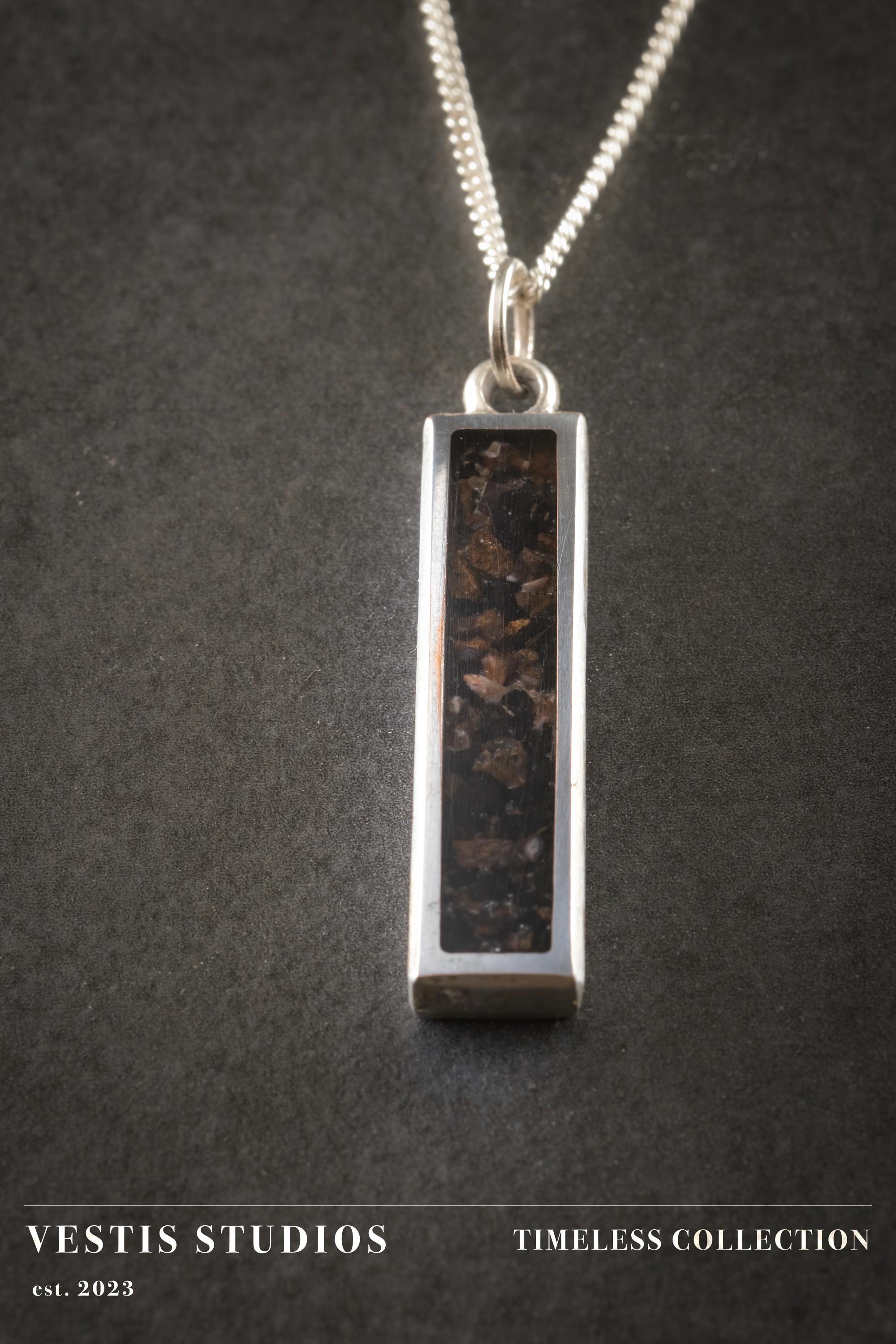 Diplodocus & Meteorite Fossil Necklace – Plated Silver