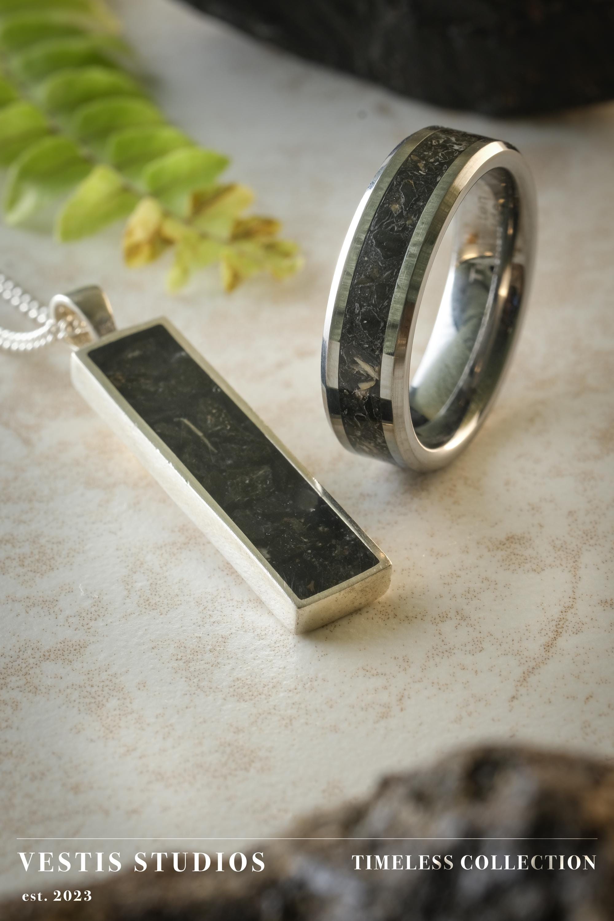 Megalodon Fossil Jewellery Set – Tungsten Ring & Silver Necklace Gift Bundle