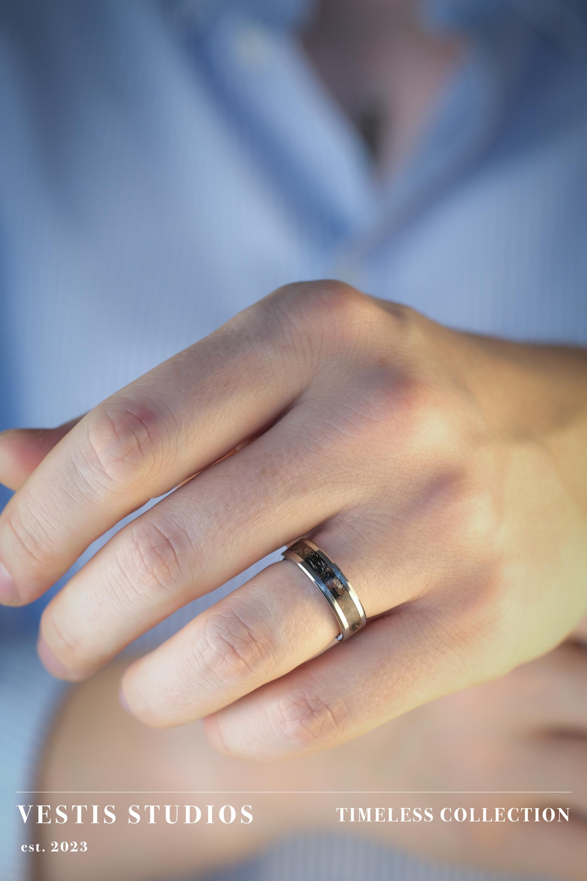 Diplodocus & Meteorite Fossil Ring – Tungsten Carbide