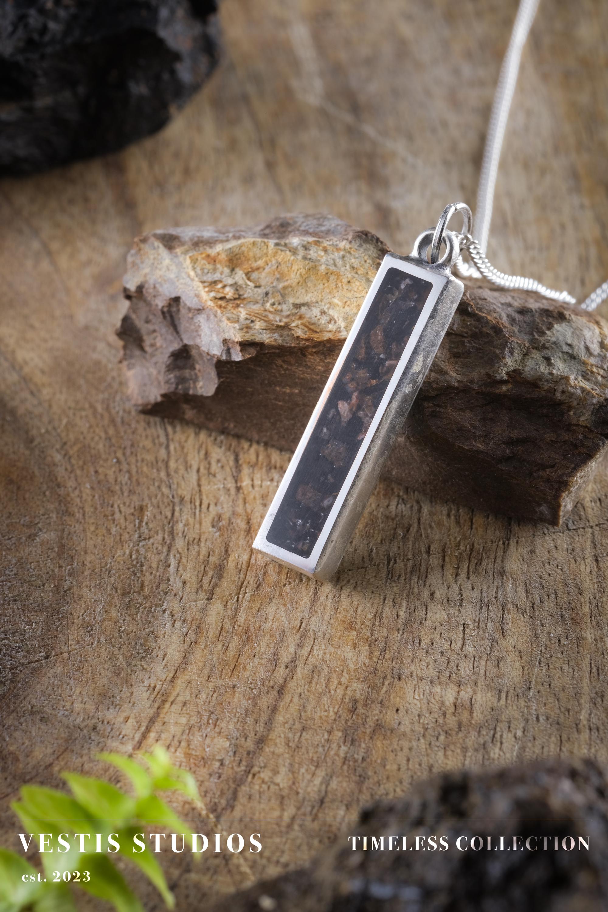 Diplodocus & Meteorite Fossil Necklace – Plated Silver