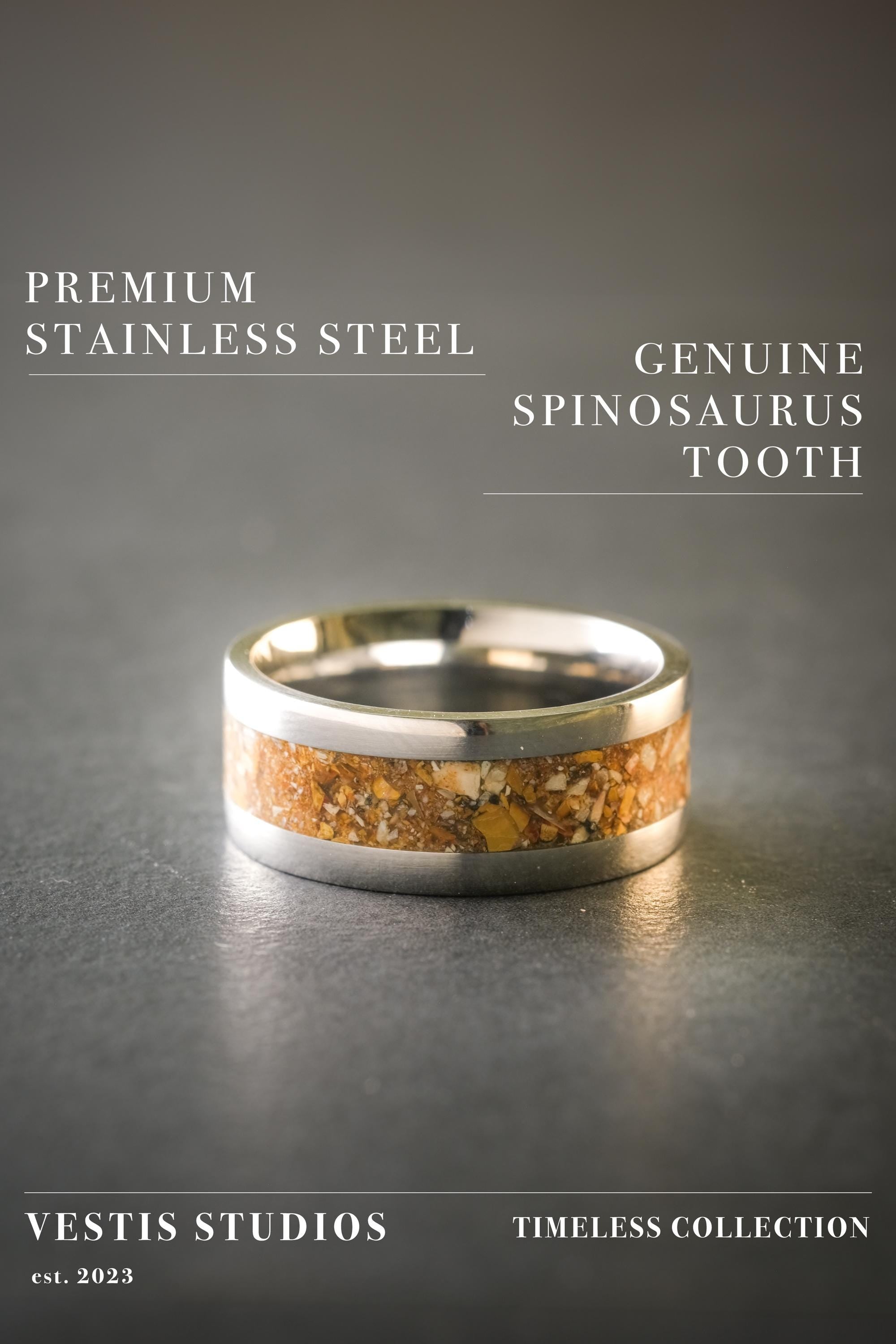 Spinosaurus Tooth Fossil Ring – Steel