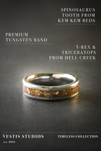 T. Rex, Triceratops & Spinosaurus Fossil Ring – Tungsten Carbide