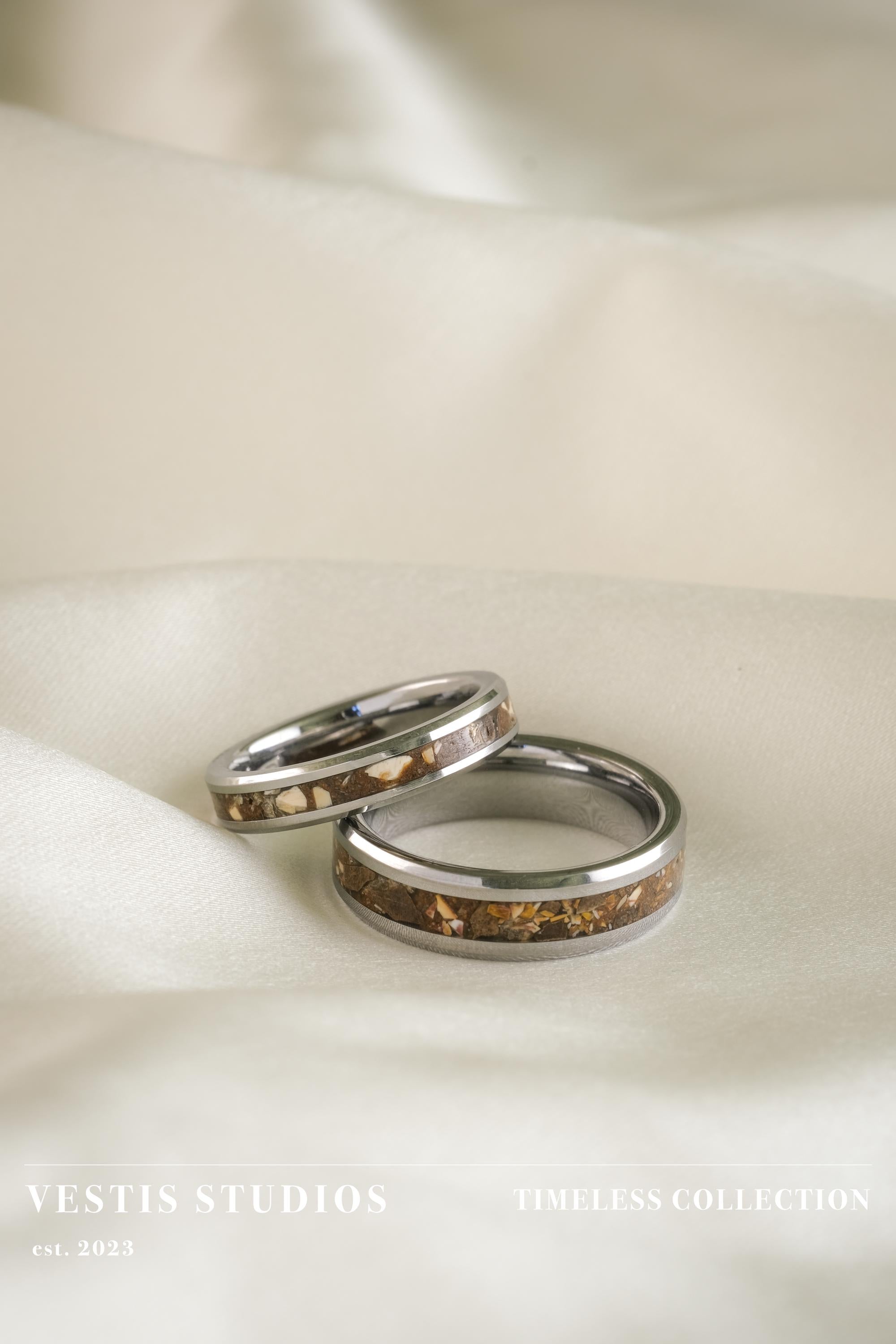 Spinosaurus, Triceratops & T. Rex Fossil Wedding Ring Set – Tungsten