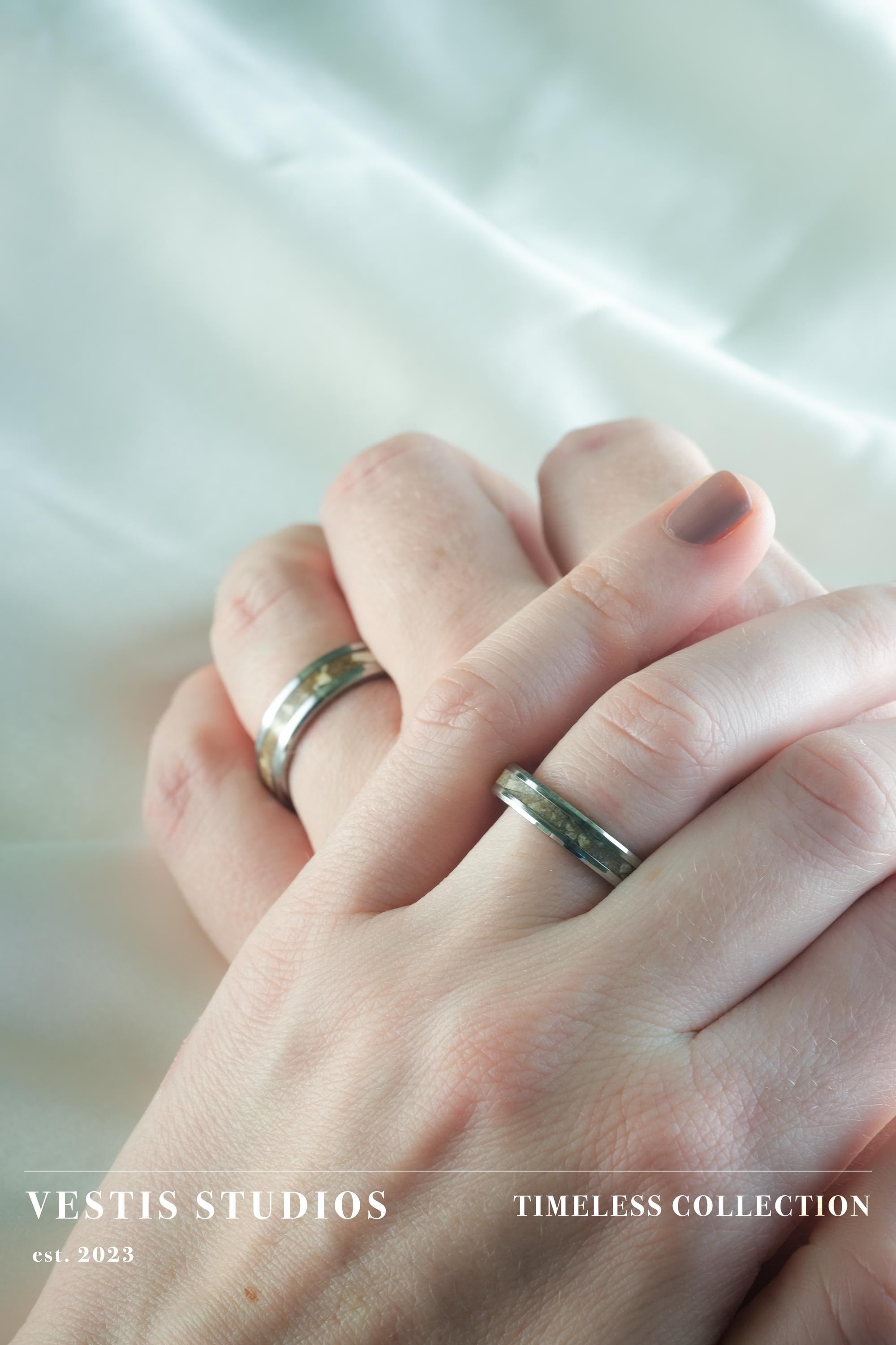 Spinosaurus & Mosasaur Fossil Wedding Ring Set – Tungsten