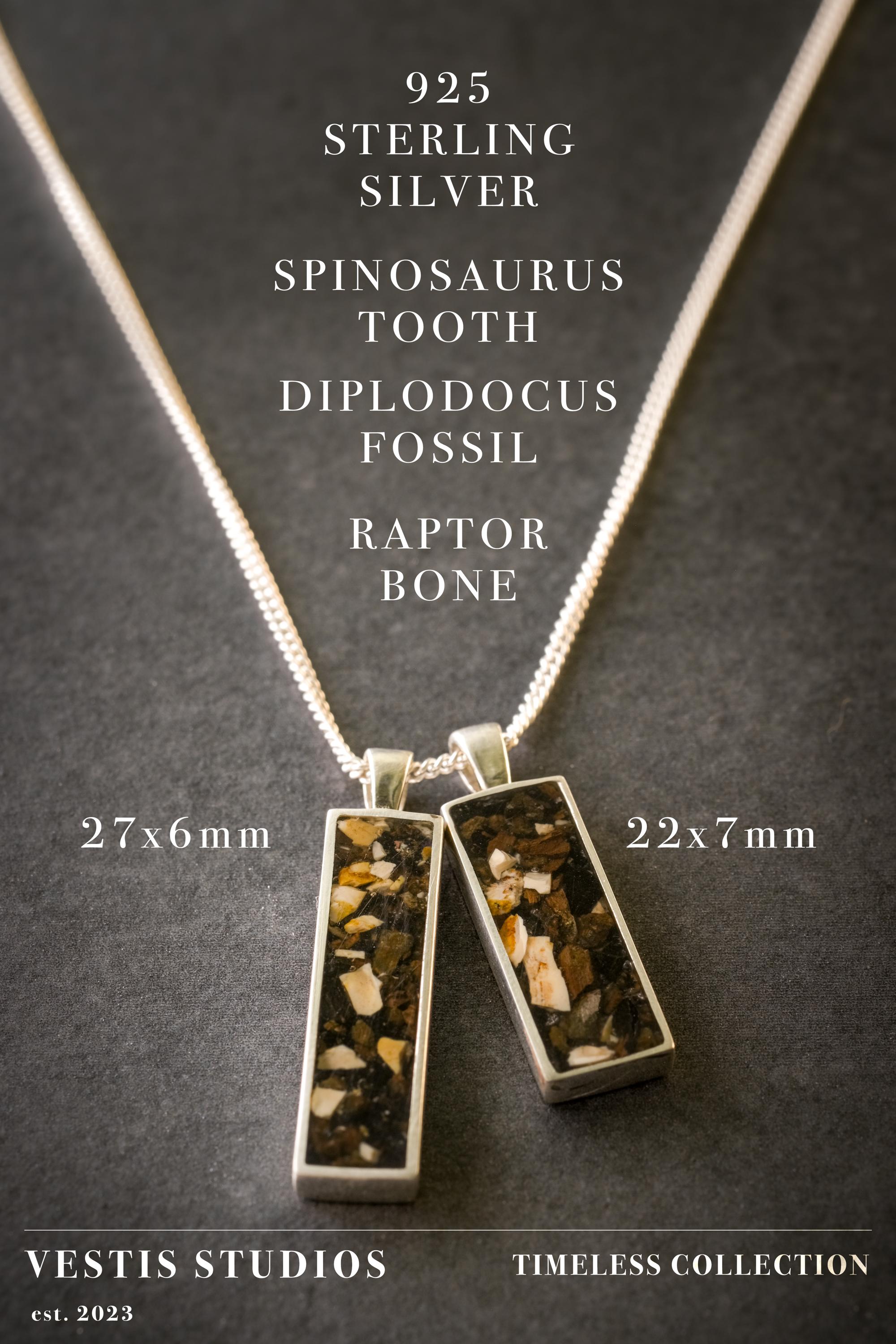 Raptor, Diplodocus & Spinosaurus Fossil Necklace – Sterling Silver