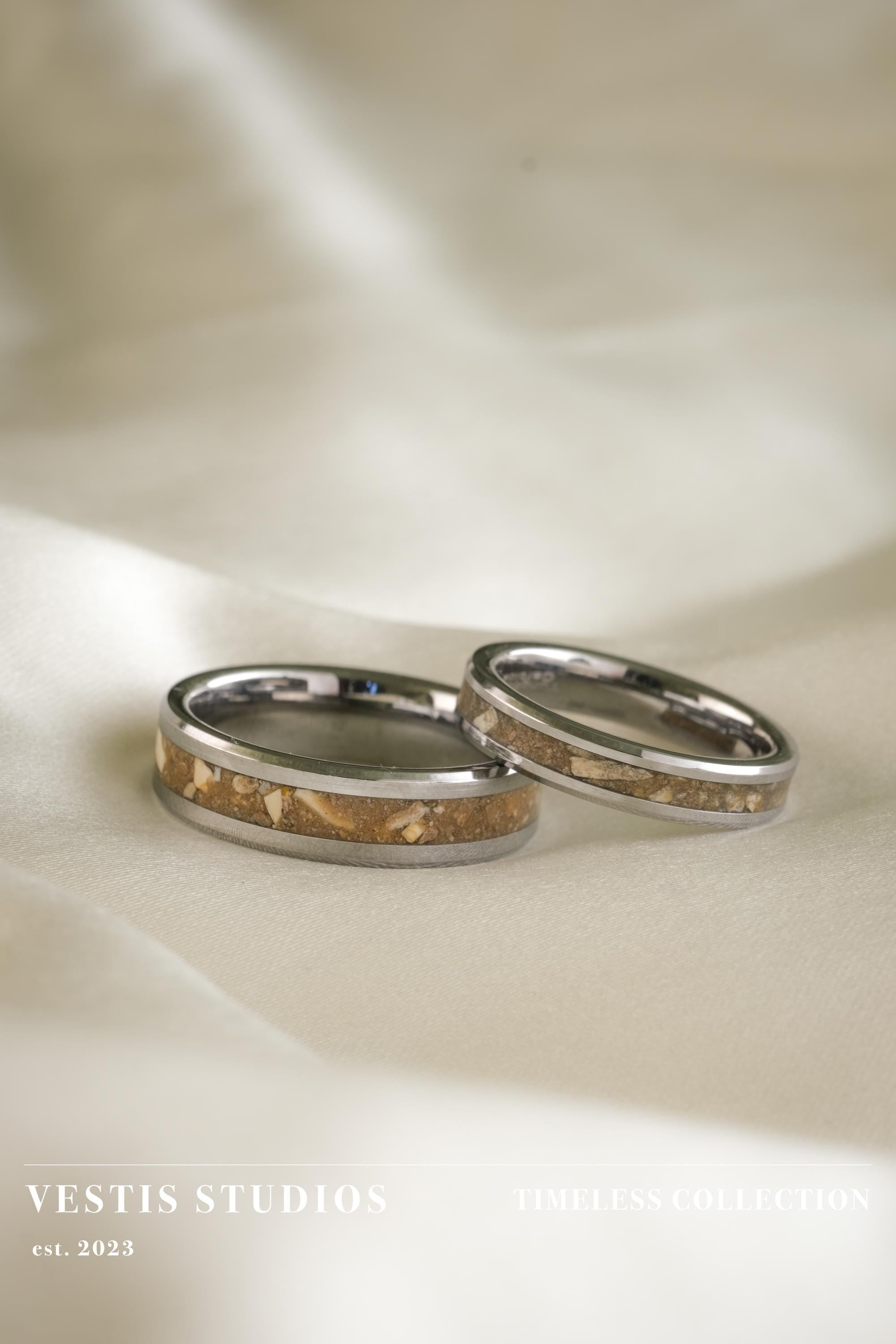 Spinosaurus & Mosasaur Fossil Wedding Ring Set – Tungsten