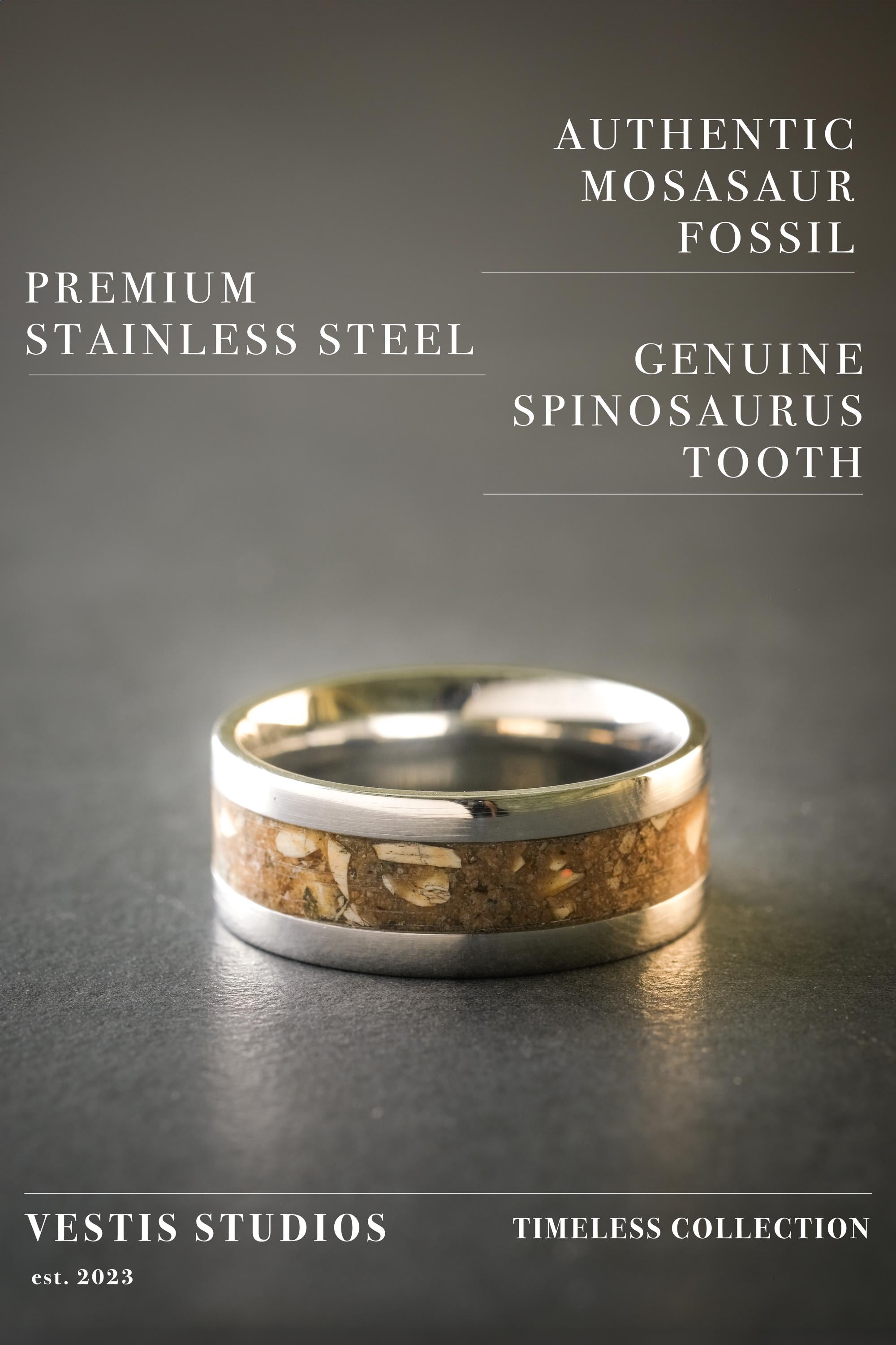 Spinosaurus Tooth & Mosasaur Fossil Ring – Steel